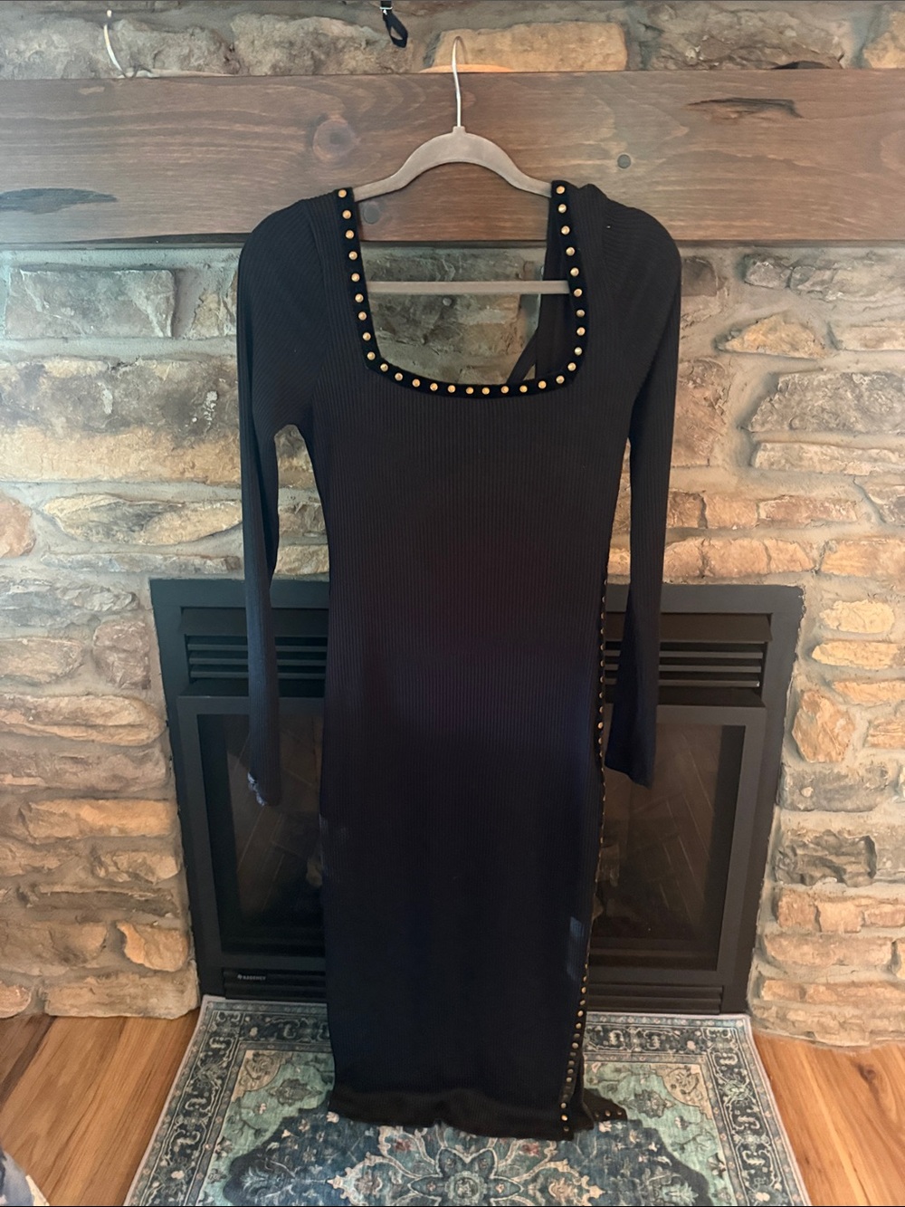 Free People Black Stud-Trim Long Sleeve Ribbed Maxi Dress